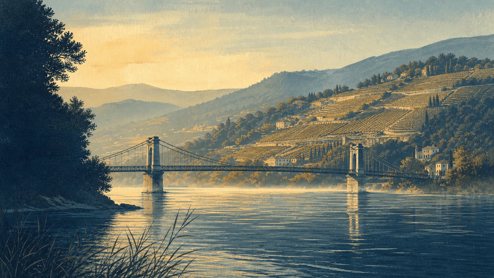 Illustration éditoriale du Rhône, d’un pont suspendu et des coteaux viticoles de Condrieu au lever du jour